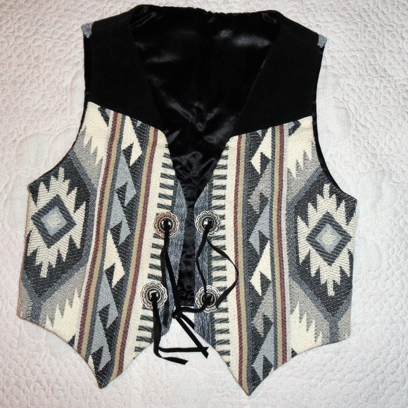 Vintage Jackets & Blazers - Southwest Tribal Woven Vest 34 Bust Leather Trim